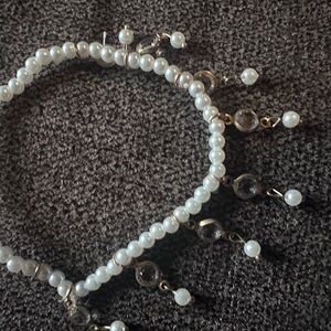 White Pearl Beaded Bracelet with Dangle Accents